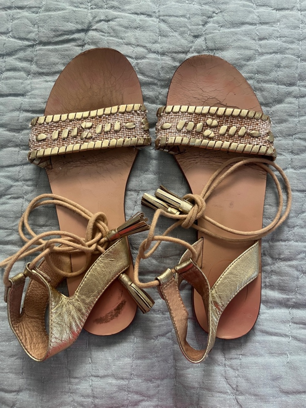 Gold Braided Leather Lace-Up Sandals - Women's